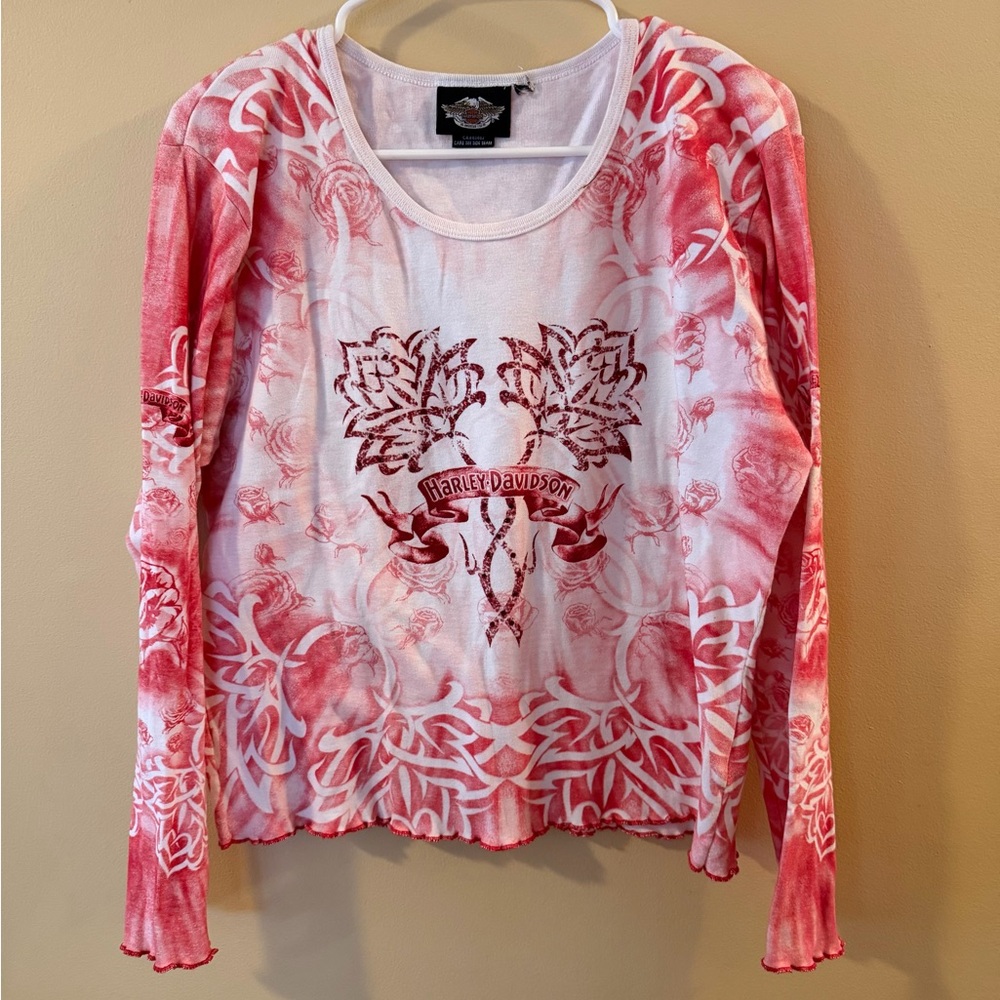 Harley-Davidson vintage Women's red Tie-Dye floral Long Sleeve Top